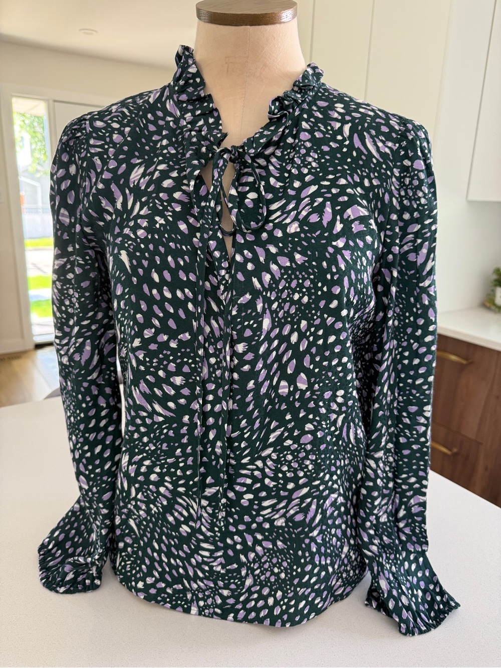 Maje Dark Green Ruffle Tie-Neck Printed Blouse with Lilac Accents